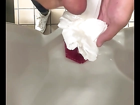 Steamy bathroom encounter at work ends up in a quickie gay jerkoff session