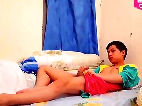 Young Asian boys solo pleasure in the bathtub and then masturbates in his step sister’s room.