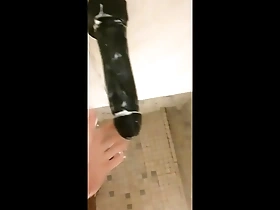 Public shower masturbation with a big dildo in the gym