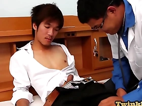 Small Asian boy gets an anal examination with a tongue by a doctor after a blow job