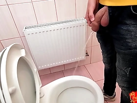 A popular man with women masturbates in a Japanese style on a station toilet and ejaculates.