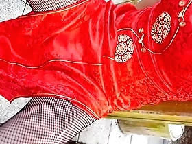 Japanese crossdresser in beautiful qipao stockings, BDSM solo boy adventure.