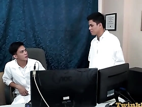 Asian twinks in medical uniforms have rough anal sex in the office